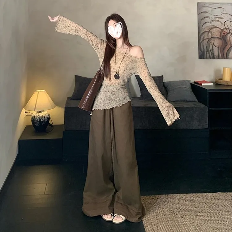 痞帅炸街风女装晕染斜肩长袖t恤早秋不规则修身显瘦独特漂亮上衣