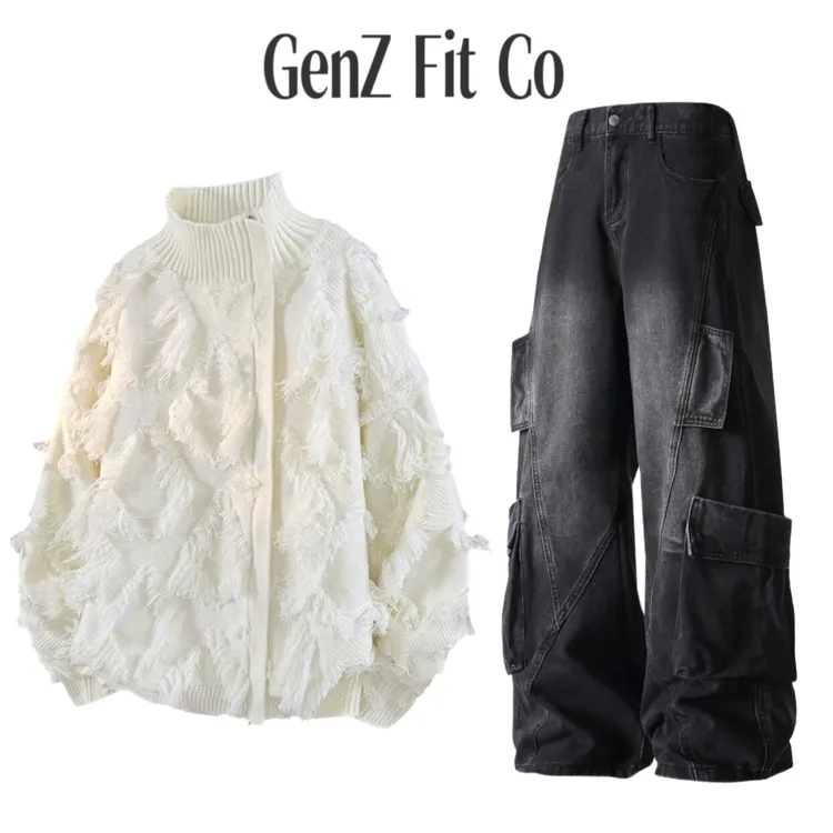 GenZFitCo春秋针织立领流苏氛围感毛衣小众高腰拼接复古时尚套装