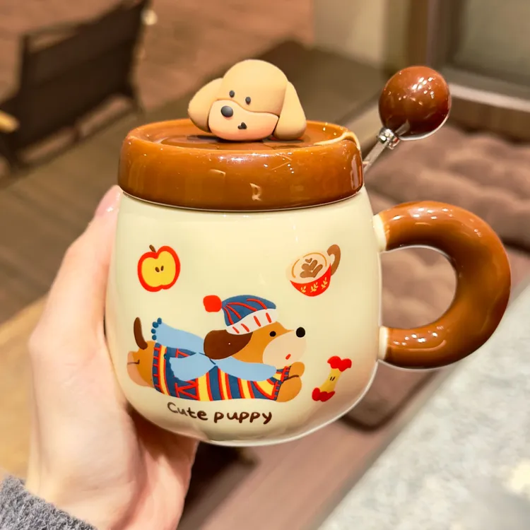爆款腊肠小狗高颜值陶瓷杯杯子马克杯带盖耐高温早餐咖啡水杯