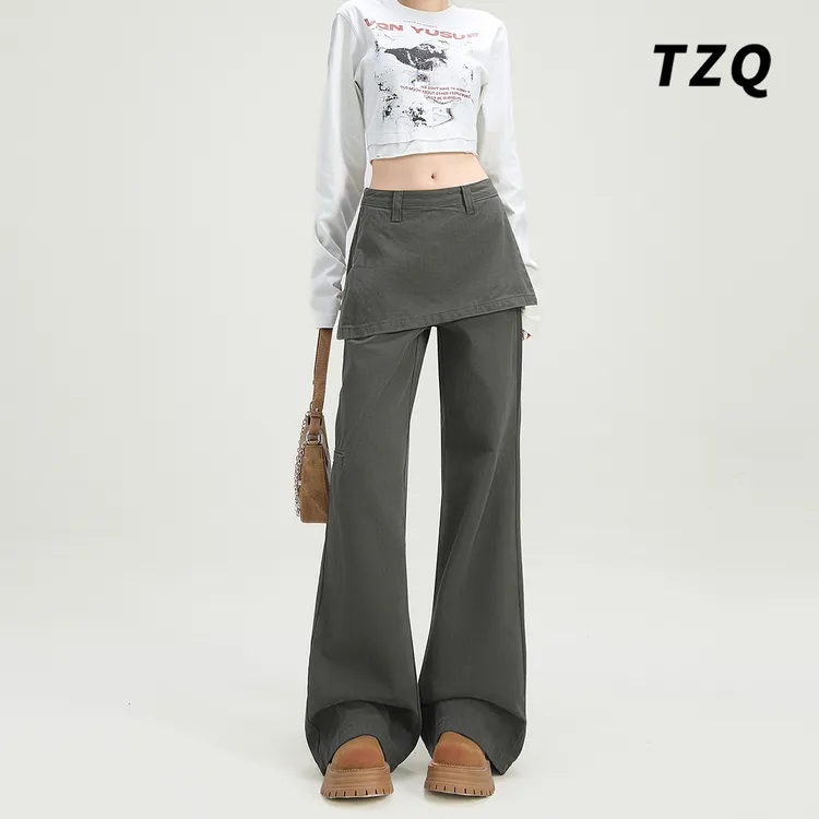 美式假两件设计感工装裤女2025新款显瘦微喇休闲裤子TZQ25010766