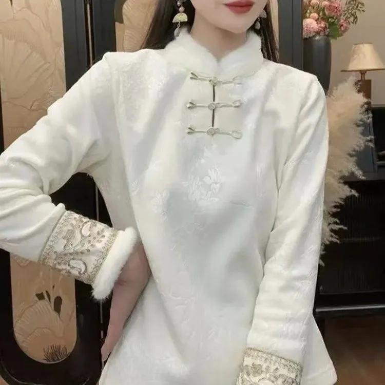 【锦绣江南】新中式国风提花打底衫秋冬新款复古盘扣毛领小衫