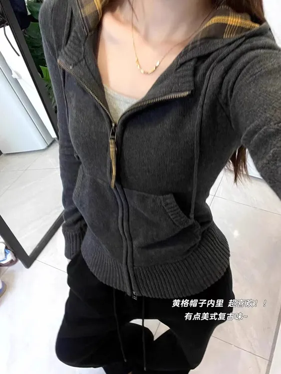 美式复古格子拉链连帽短款修身韩系针织毛衣开衫外套女春秋冬上衣