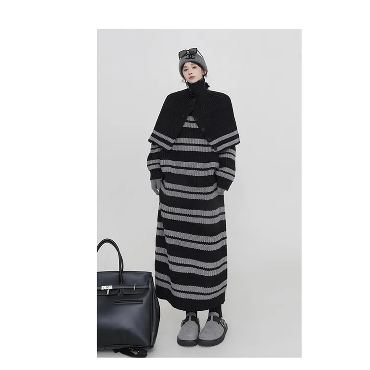 【斯塞故事】冬季条纹过膝连衣裙女中长款宽松遮肉毛衣裙
