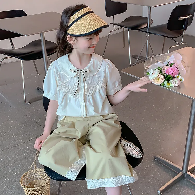 女童夏装套装2025新款洋气儿童夏季衬衫女孩时髦大童阔腿裤两件套
