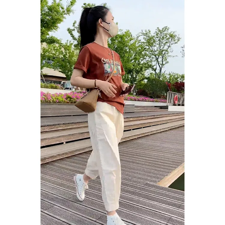 夏季时尚女装盐系穿搭简约小个子显瘦百搭印花短袖休闲九分裤套装