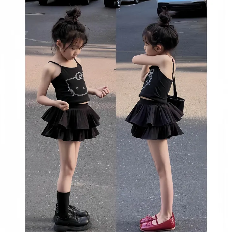 MUMUWU女童夏季原创设计风小辣妹套装半身裙亮砖kt猫上衣蛋糕裙裤