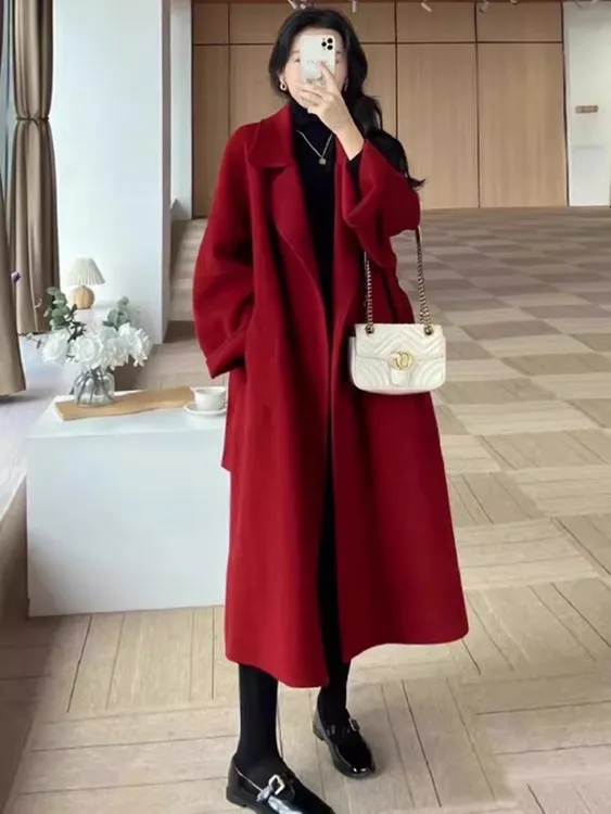 红色过年女装双面羊绒呢子大衣秋冬季2025新款小个子羊毛呢外套女