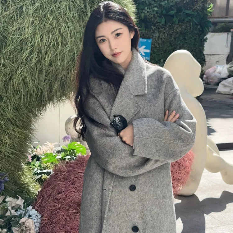 灰色双面呢子大衣女2025秋冬季新款宽松高级感小个子加厚毛呢外套