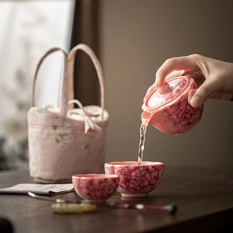 粉汝牡丹猪油冻陶瓷一壶二杯便携简约快客杯茶包旅行茶壶茶杯套装