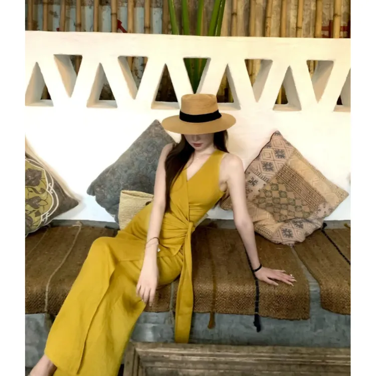 【心愿如樱】夏季新款韩系气质时尚V领系带无袖连衣裙3217#