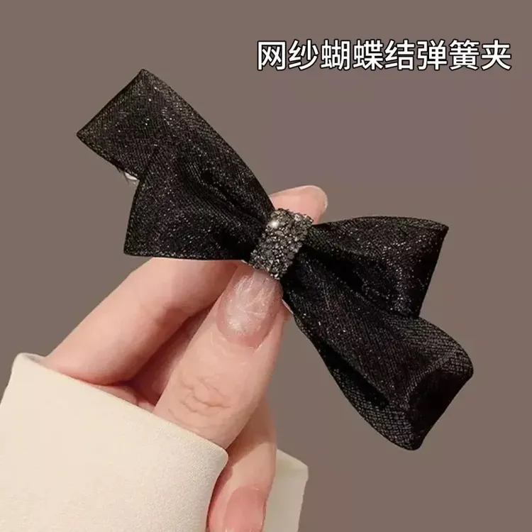 气质网纱蝴蝶结弹簧夹发量少后脑勺半扎发发夹顶夹简约日韩发饰女