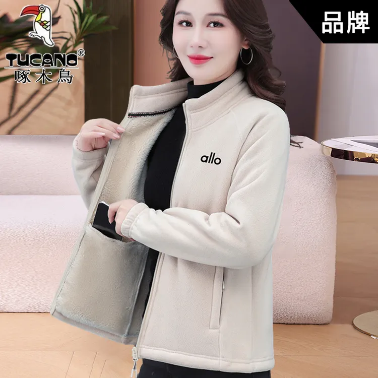 啄木鸟双面奥利绒女士休闲外套2025秋冬新款中老年加绒妈妈装上衣