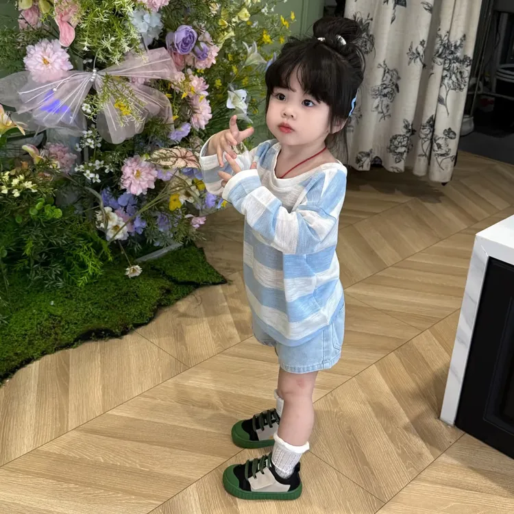 壹妈童装女童套装2025新款洋气夏季宝宝长袖圆领条纹t恤蓝色短裤