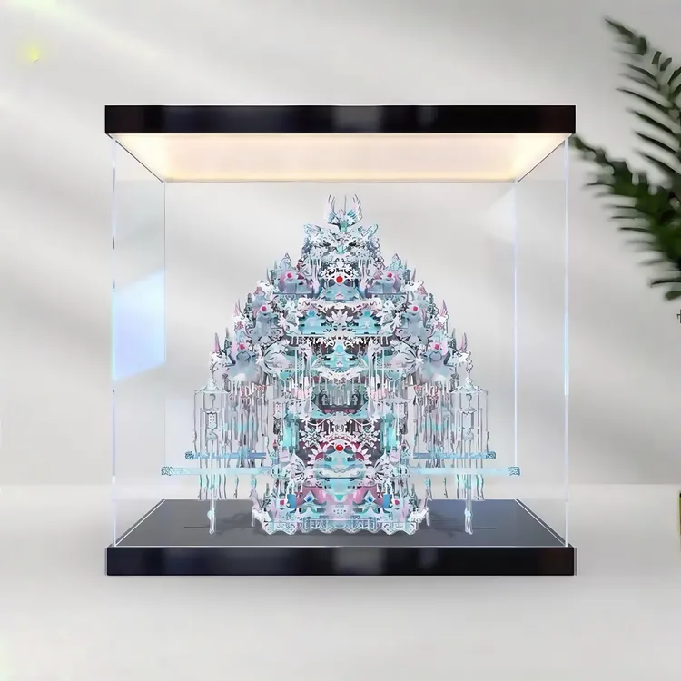 手办展示柜适用拼酷粉黛万工花轿防尘展示盒二十二粉色凤冠收纳盒