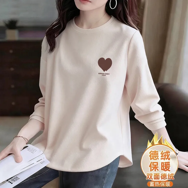 双面德绒长袖圆领T恤女秋冬新款加厚保暖宽松洋气减龄内搭打底衫T