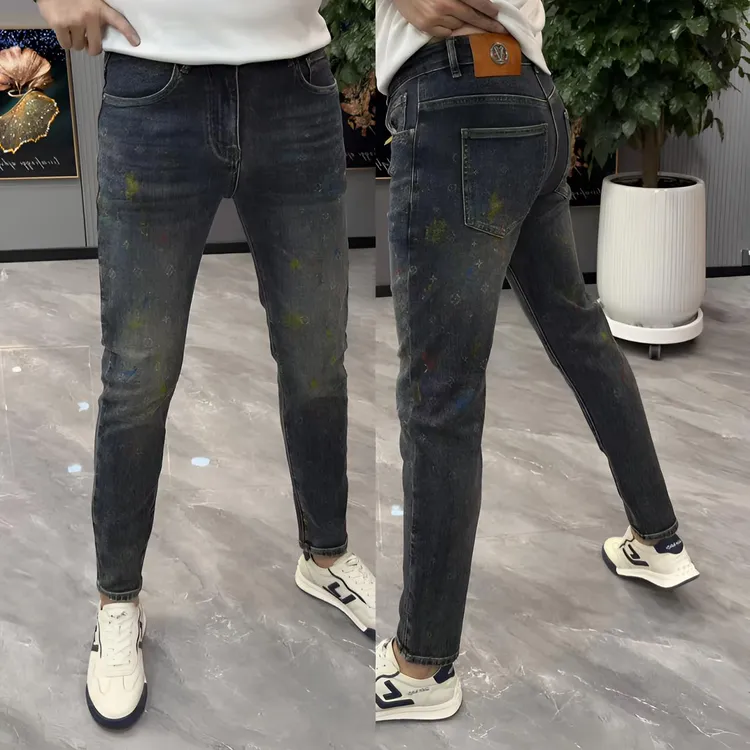 牛仔广州男裤时尚做旧彩色印花小脚裤牛仔裤男款爆款2025新款