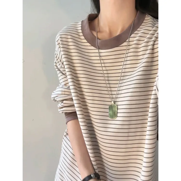 条纹长袖t恤男秋季美式重磅日系德绒打底衫秋冬款青少年宽松卫衣