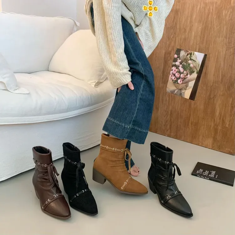 2525-21皮女靴套筒内增高气质短靴时装靴码女靴尖头百搭