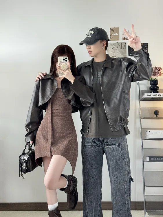 情侣装秋季披肩皮衣美拉德吊带裙时尚修身辣妹PU长袖男外套