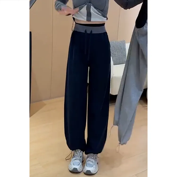 艾塔莉秋季女新款时尚休闲裤松紧腰拼接腰头百搭阔腿裤束脚裤宽松