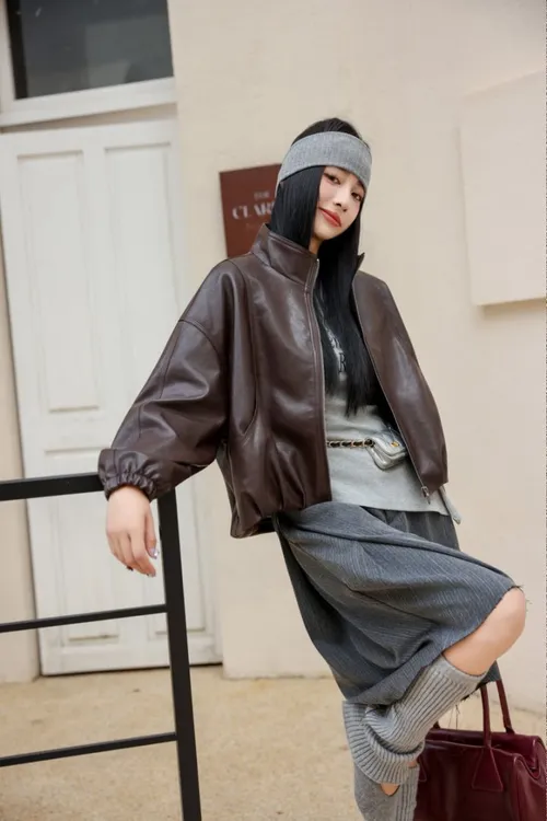 水洗皮秋季千金风短款口袋皮衣皮夹克韩版外套百搭