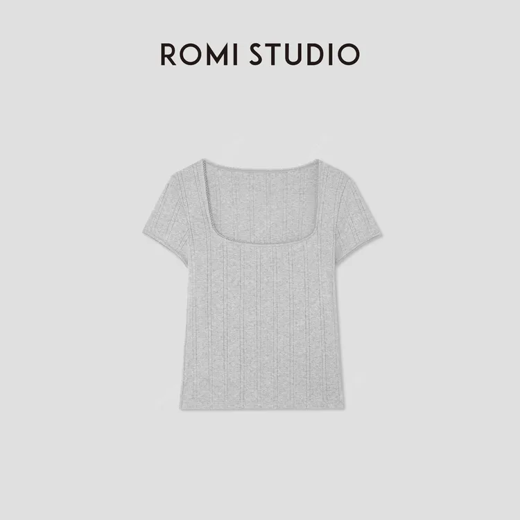 ROMI STUDIO"法式优雅"全棉坑条肌理花边方领短袖T恤 RWCRSM2493