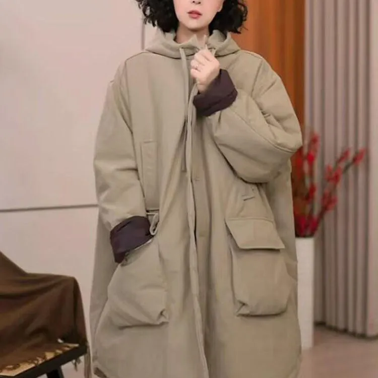 秋冬新款2025宽松休闲时尚连帽拼色大口袋棉衣外套女中长款加厚袄