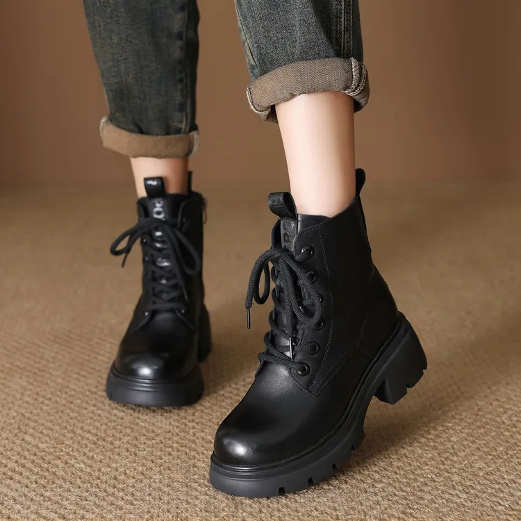 头层牛皮真皮厚底马丁靴女2025秋冬新款时尚百搭轻便防滑粗跟短靴