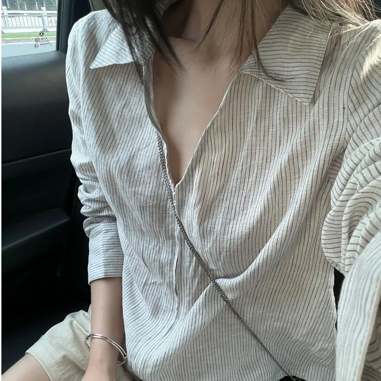 法式条纹polo领长袖防晒衬衫女夏季新款纯欲老钱风松弛感气质衬衣