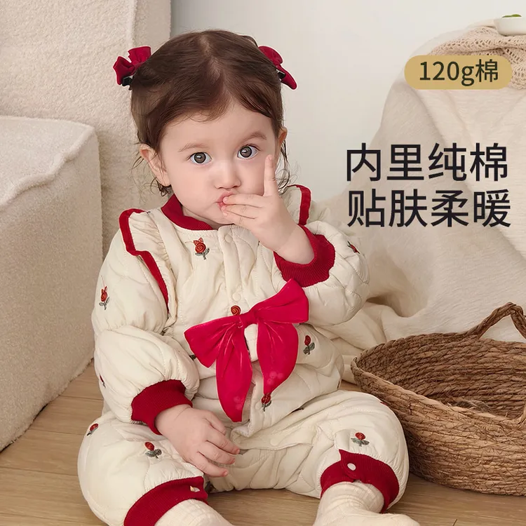 婴儿连体衣秋冬装女宝宝拜年衣服夹棉新生儿百天周岁外出哈衣爬服