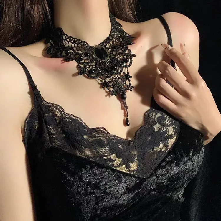 合金涤纶项链 遮疤痕复古哥特风choker颈链感纯欲新娘礼服项链