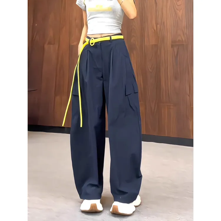 美式藏青色速干阔腿工装裤女夏季薄款2025新款宽松直筒休闲弯刀裤