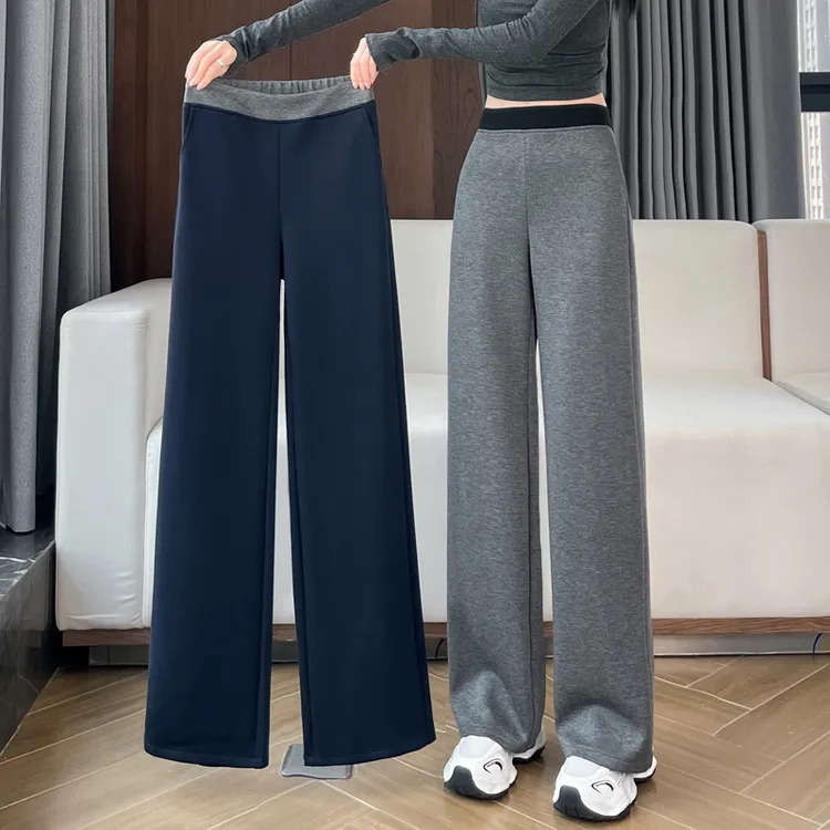 秋冬季窄版阔腿裤女加绒直筒小个子宽松大码加厚显瘦休闲长裤春秋