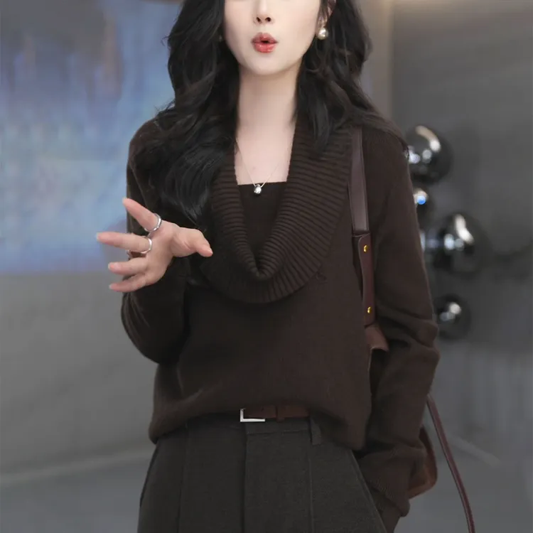 秋冬女高级感软糯荡领针织衫时尚洋气减龄宽松显瘦内搭毛衣上衣