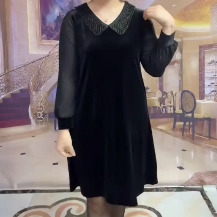 蕾丝镂空长袖V领拼接中长气质减龄秋季连衣裙