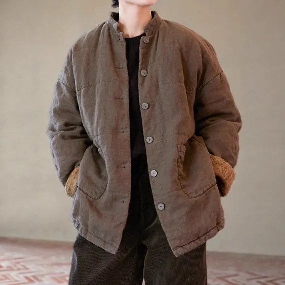 女士夹棉外套秋冬棉服上衣苎麻棉中式质感老钱怀旧保暖短款棉衣