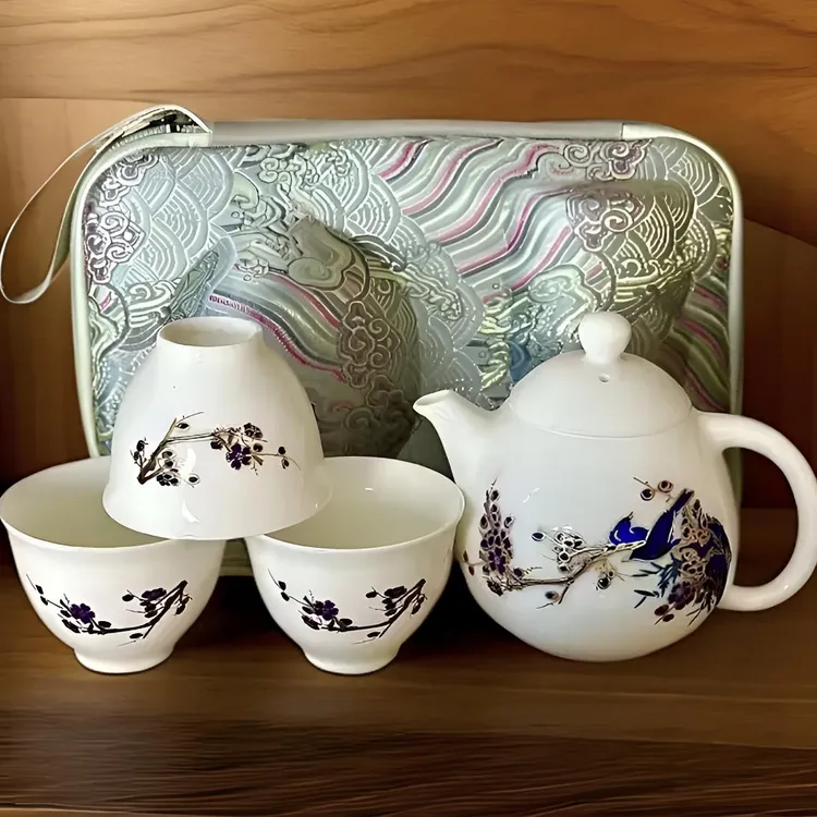 BY044-喜上眉梢旅行茶具一壶三杯预热变色白瓷快客套装功夫茶壶