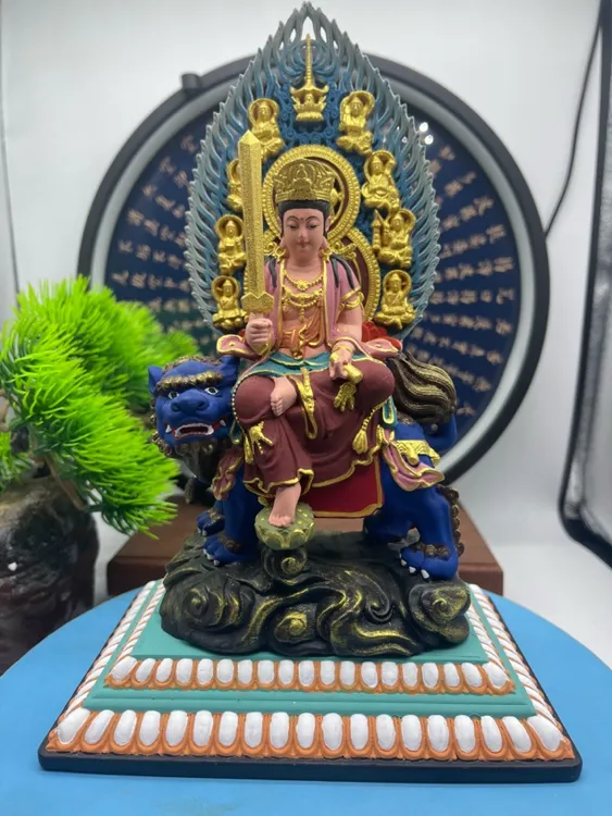 桧木彩绘文殊普贤菩萨摆件