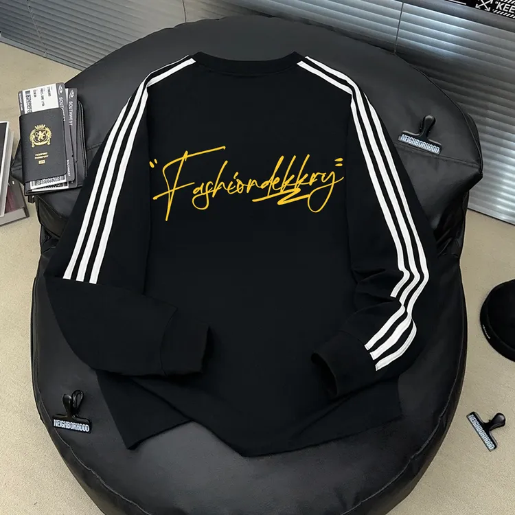 美式个性潮牌字母印花三条杠长袖t恤男女秋冬季宽松休闲纯棉上衣