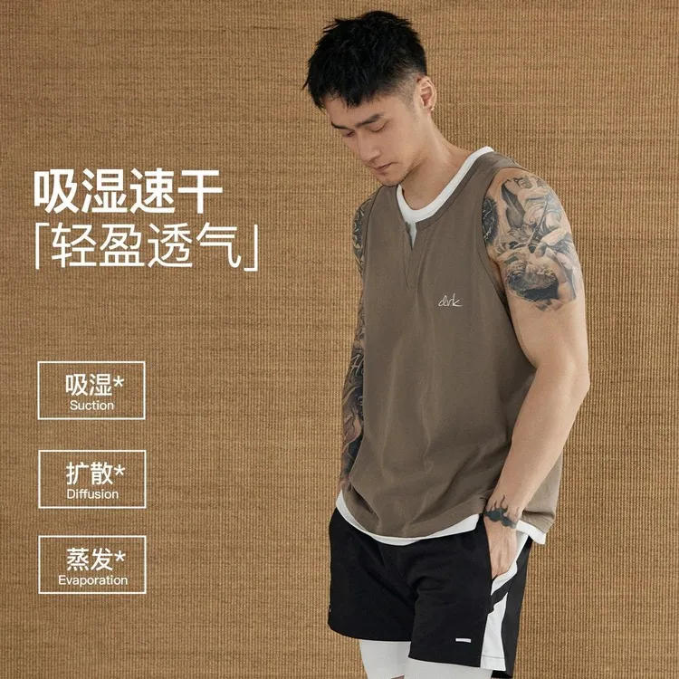 假两件无袖背心纯棉健身休闲宽松夏季运动外穿男士美式高级感男装