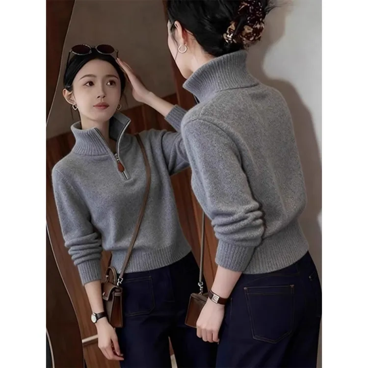 极简风灰色半拉链高领短款毛衣女秋冬2025新款爆款不撞款针织上衣