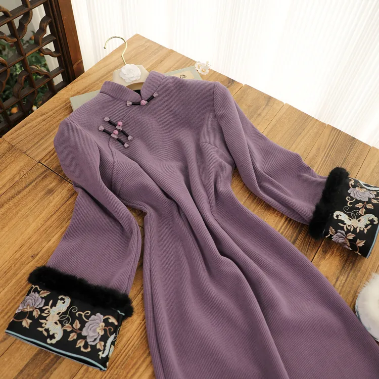 俏娘鱼紫色优雅新中式倒大袖旗袍女2025冬季新款保暖加绒高贵气质