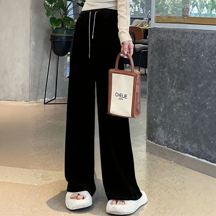 简约舒适柔垂宽松丝绒松紧腰休闲长裤女装秋冬款1811