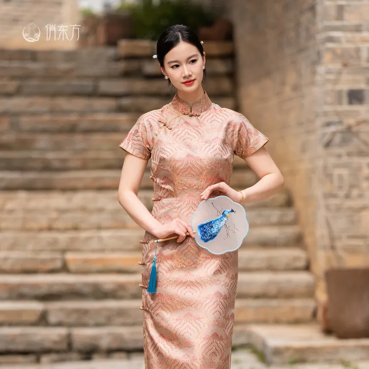俏东方【粉色海水江崖纹】百分百宋锦日常连肩三分袖全开襟旗袍