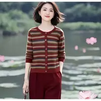 HH#圆领时尚条纹针织衫女秋季2025新款显瘦外搭毛衣上衣DY14889