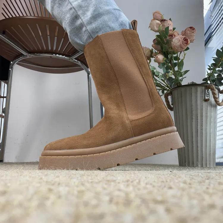 直筒靴厚底百搭靴子女真皮欧美复古圆头中筒平底切尔西靴秋冬