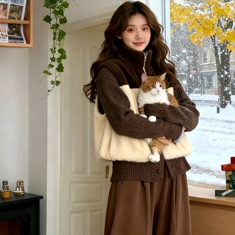 简约小香风短款外套休闲坎肩立领保宽松暖马甲皮毛一体毛茸茸韩版