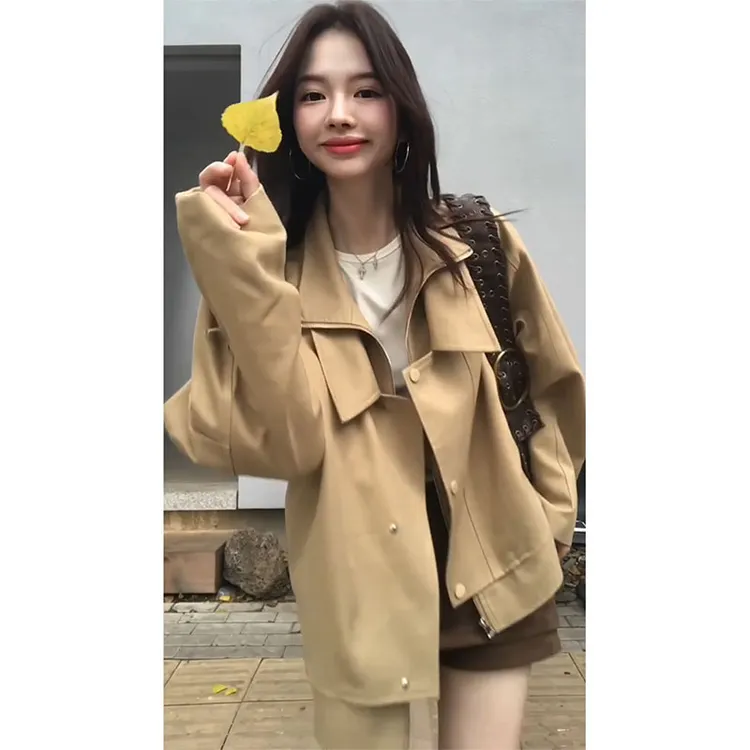 MARIE.COCO韩版卡其色英伦风短款翻领风衣外套女时尚裙裤秋季套装
