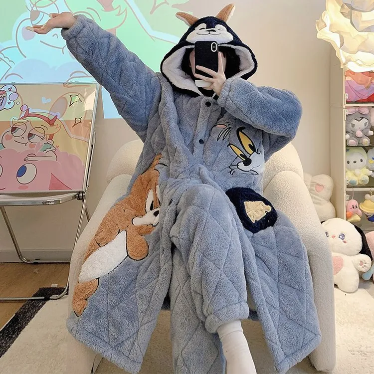 冬季加厚加绒三层夹棉保暖睡袍两件套可爱卡通猫和老鼠连帽家居服