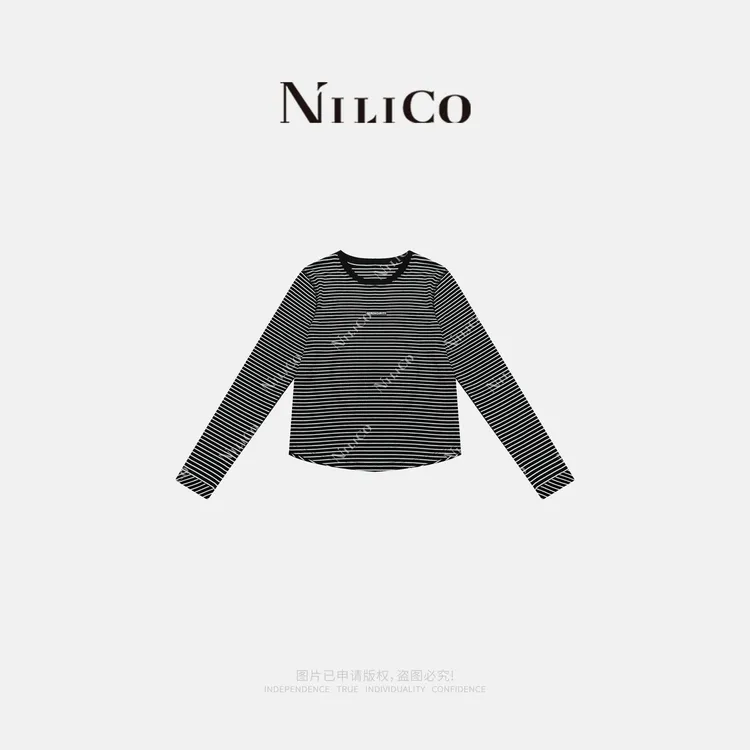 NILICO【黑白律动】黑白条纹印花修身款长袖百搭款女T恤